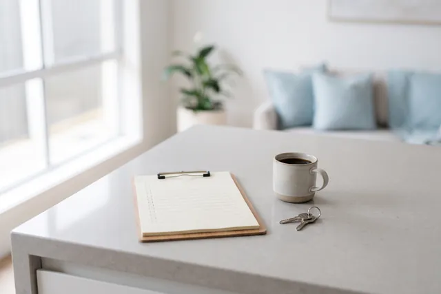 A clipboard, house keys and a coffee on a kitchen bench.